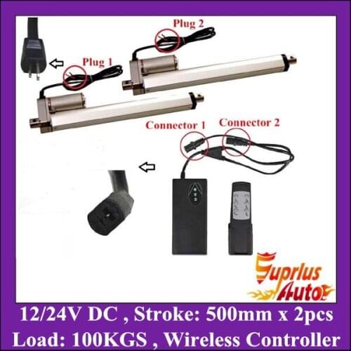 Two units 12v linear actuator 24v 20inch/ 500mm stroke max load 1000N/ 225LBS with unit wireless controller