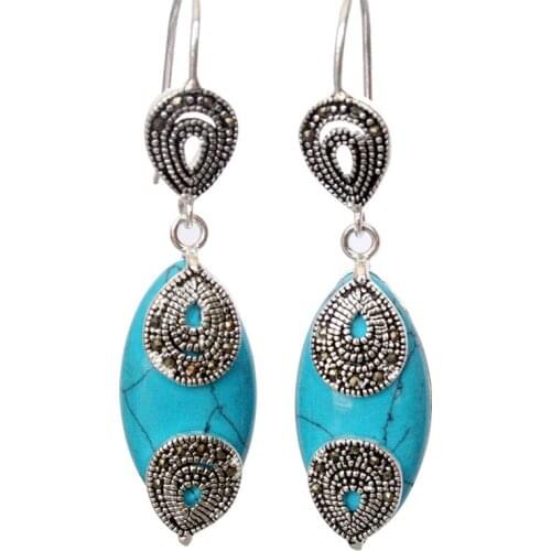 Elegant 925 Silver Jewelry Blue Marcasite Waterdrop Earrings 14/5"