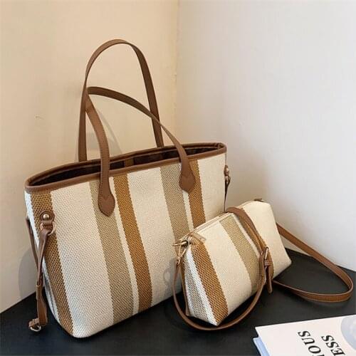 Canvas Large Capacity Female Summer 2021 New Fashion Single Shoulder Big Bag Casual Cloth Bag Commuter Tote Bag Set