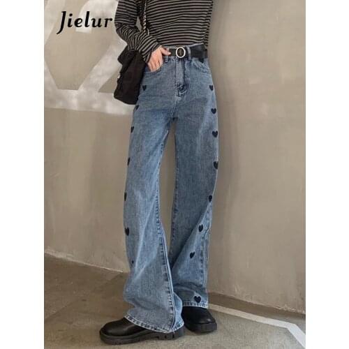 Jielur Harajuku Love Embroidery Straight Jeans Women Pants Blue Black High Waist Loose Jean Spring Summer New Denim Damskie S-XL