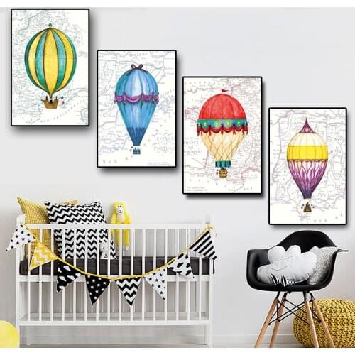 World Map Hot-air Balloon Posters and Prints Canvas Painting Scandinavian Nordic Style Wall Art Picture for Baby Kids Room Decor