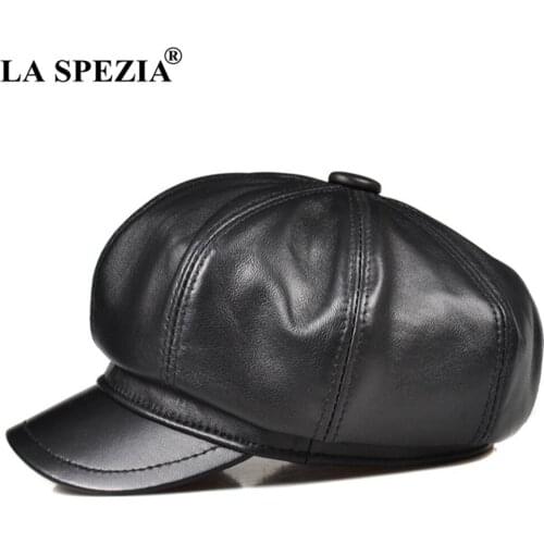 LA SPEZIA Genuine Leather Men Women Newsboy Cap Sheepskin Mens Beret Vintage High Quality Male Female Black Octagonal Cap