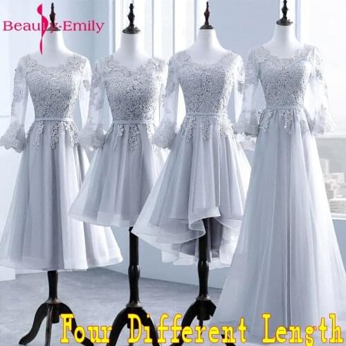 Beauty Emily Long Elegant A-line Grey Lace Evening Dresses 2019 Half Sleeve Appliques Wedding Party Occasion Prom Dresses