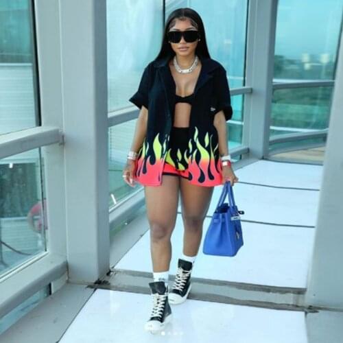 Summer Two Piece Set Women Short Sleeve Flame Print Sexy Suit-neck Tops+Shorts Sets Tracksuit Lounge Streetwear Wholesale Items