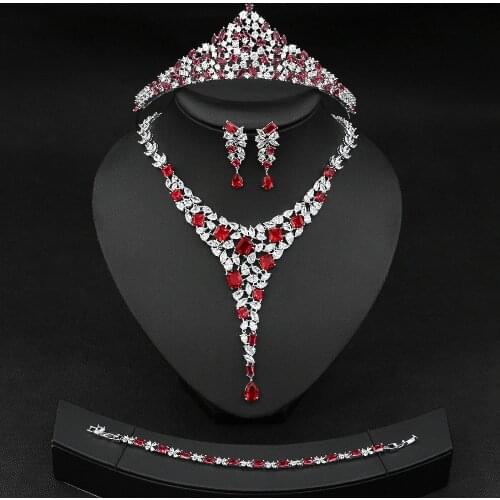 HIBRIDE Trendy 4pcs Women Crown Wedding Headpieces With Zircon Jewelry Sets Wholesale Price Shiny CZ Necklace Pendientes N-1657