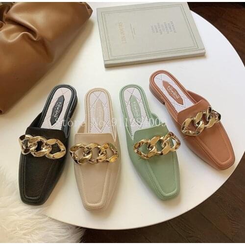 Women Casual Shoes Fashion Chain Mules Square Head Sandals Female Solid Color Leather Slippers Slide High Quality Flat Shoes
