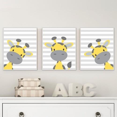 Nordic Wall Art Baby Giraffe Yellow and Grey Nursery Canvas Painting Cartoon Animal Prints and Poster Kid Bedroom Decor Picture
