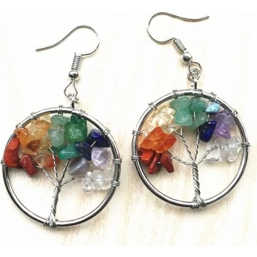 Natural Tree of Life 7 Chakra Quartz Tree Pendulum Pendant Earrings for Women Healing Crystal Earrings Pendant Reiki Jewelry