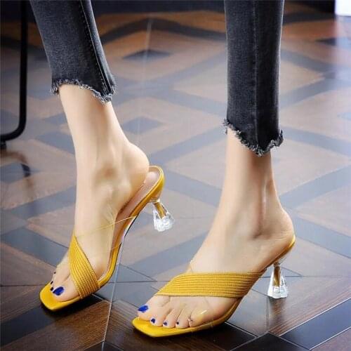 Sexy Party Mules Pumps Designer Outdoor Slippers Women Candy Color PVC Clear High Heels Summer Shoes Fashion Yellow Slides 2021