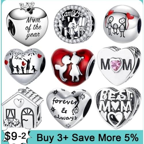 Genuine 925 Sterling Silver Charm Family Tree Heart Mom Beads fit Original Pandora Charms Bracelet Jewelry Making DIY Gift