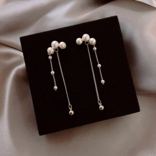 Gold Plated Dangle Hanging Long Drop Earrings For Women Baroque Pearl Charm Snake Chain Tassel Earring