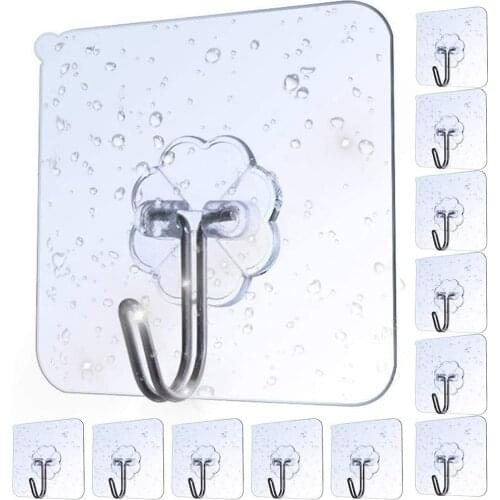 12/24Pcs 6x6cm Door Wall Hangers Hooks Self Adhesive Transparent Reusable Seamless Hanging Hook for Kitchen Bathroom Office