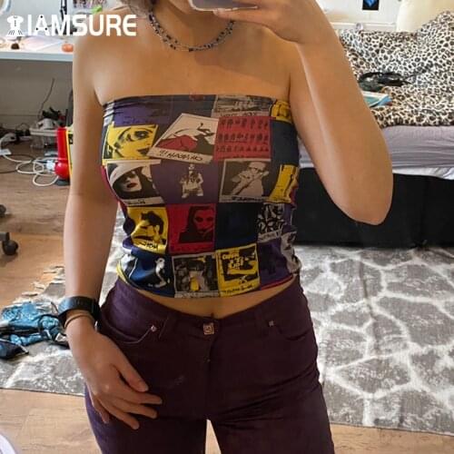 IAMSURE Sexy Skiiny Printed Tube Top Y2K Aesthetic Sleeveless Slash Neck Crop Top Women 2021 Fashion Streetwear Casual Tank Tops