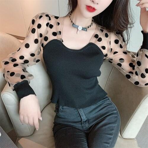 Mesh Full Puff Dot Sleeve Sweaters Crop Tops Girls V-neck Stretchy Knit Sweater Pullovers For Women Real Photos