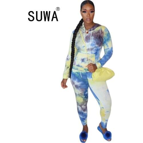 Sport Tie Dye Women Two Piece Set Hoodies Tops Pencil Jogger Pants Suit Two Piece Active Wear Tracksuit Outfit Matching Sets