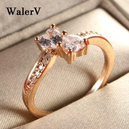 WalerV New For Women Lovers Custom Fashion Charm Jewelry Double Love Shape White Crystal Color Gold Zircon Rings Wedding Ring