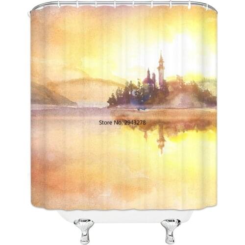 Unique Design Beautiful Sunset Lake Water House Hanging Shower Curtain Waterproof Mildew Polyester Fabric Home Bathroom Decorati