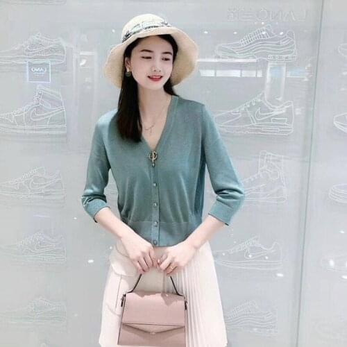 Gedi Xinte womens T-shirt coat spring V-neck bright silk top ice silk shawl cardigan