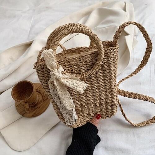 Bohemian Beach Rattan Handmade Bucket Crossbody Bag Women Straw Woven Drawstring Handbags Lady Summer Wicker Shoulder Bag Purse