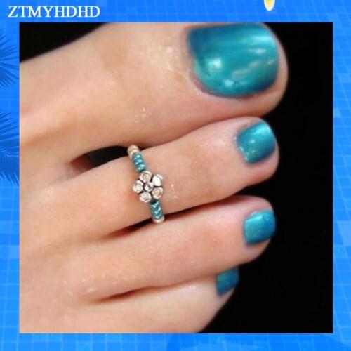 Bohemian Color Beads Toe Rings For Women Vintage Alloy Adjustable Flower Foot Rings Fashion Summer Beach Jewelry Accessories
