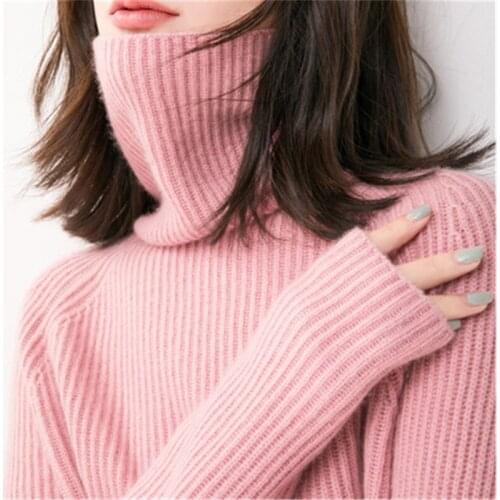 Pure cashmere thick knit women fashion solid loose turtleneck pullover sweater S-2XL retail wholesale