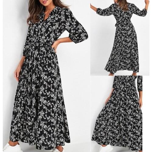 Women Casual Dress Vintage Floral Print Maxi Dress Boho Three Quarter Sleeve Long Dress Turn Down Collar Casual Shirt Dresses