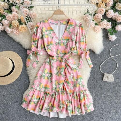 2021 Summer Elegant Women V Neck Bow Short Sleeve Floral Print Irregular Ruffles A Line Dress Ladies Sweet Party Dresses