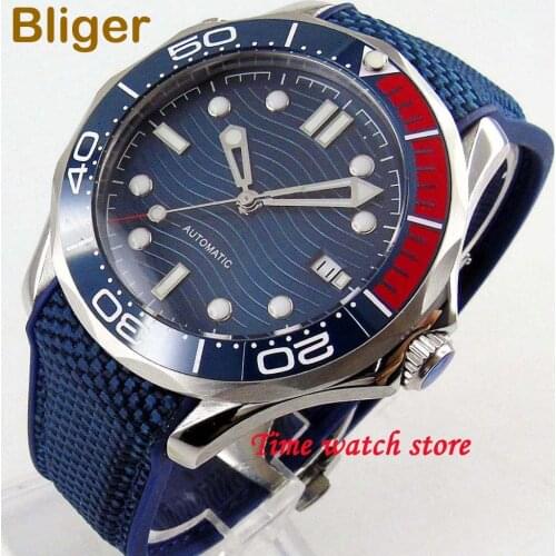 Luxury 41mm Bliger Automatic wrist watch men sapphire glass waterproof canvas rubber strap blue dial luminous Ceramic Bezel