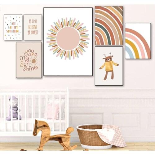 Boho Deer Rainbow Sun Cactus Rain Nursery Wall Art Canvas Painting Nordic Posters And Prints Wall Pictures Kids Baby Room Decor