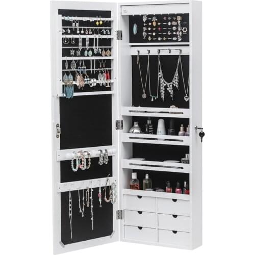 Non Full Mirror Wooden Wall Mounted 4-Layer Shelf 6 Drawers 8 Blue LED Light Jewelry Storage Mirror Cabinet - White US warehouse