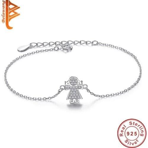 European Fashion Authentic 925 Sterling Silver Lovely Girl Crystal Link Chain Bracelets for Women Wedding Bracelet Jewelry Gift