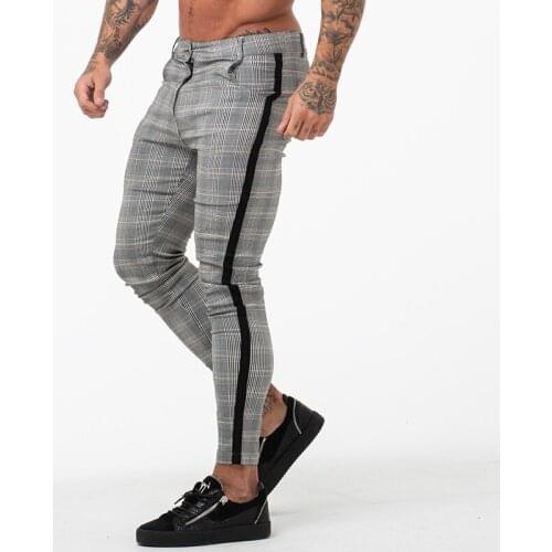 GINGTTO Mens Chinos Trousers Grey Plaid Chinos Skinny Pants for Men Side Stripe Stretchy Best Fitting Athletic Body Building 359