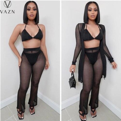 VAZN 2020 Hot Summer Boho Women Transparent Mesh Fabric Casual Bandage Set Tracksuit Sexy Suit 4 Piece Set Lady Sets