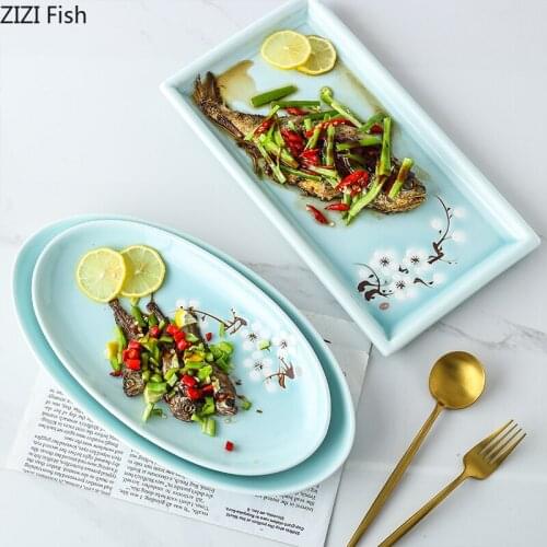 Hand-painted Ceramic Rectangular Plate Japanese Restaurant Sushi Sashimi Cooking Tableware Home Kitchen Decoration Dinner Plate