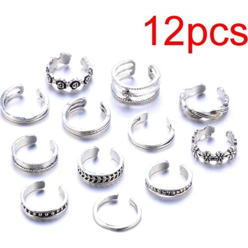 Hot 12pcs Rings Lady Unique Adjustable Opening Finger Ring Retro Carved Toe Ring Foot Beach Foot Jewelry