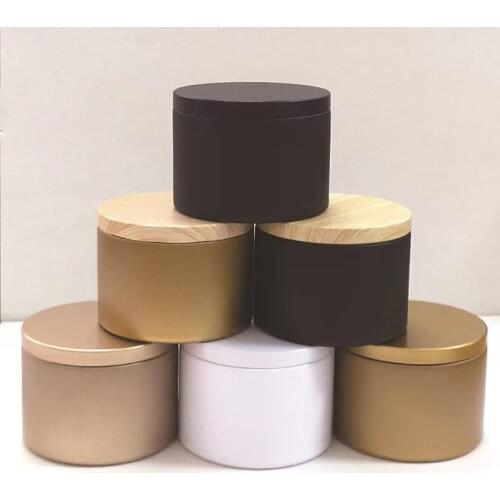 200ml Luxury Candle Jars with Wood Pattern Lid Bulk Round Candle Container Tins Empty Candy Storage Box Cosmetic Pot Black Gold