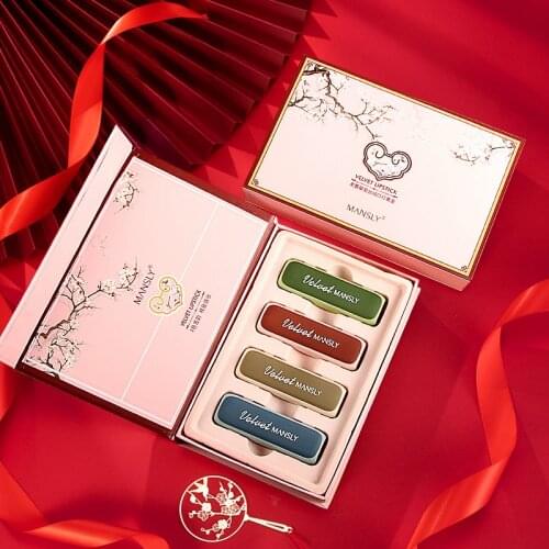 MANSLY 4IN1 High-quality Chinese style Makeup set Carved lasting nourishing moisturizing Lipstick Cosmetics Gift kit
