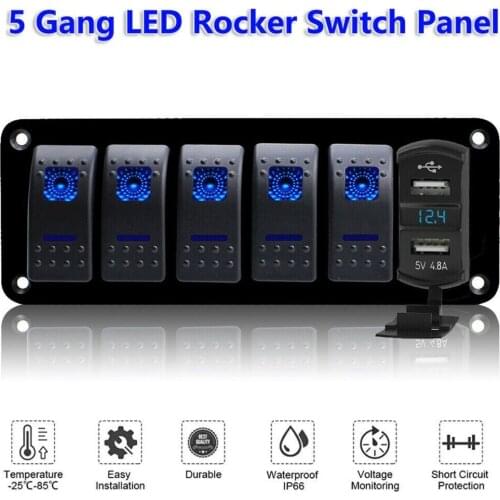 Mayitr 5 Gang 12V / 24V Waterproof Digital Voltmeter Dual USB Port LED Rocker Switch Panel for Car Truck Boat Rv Marine