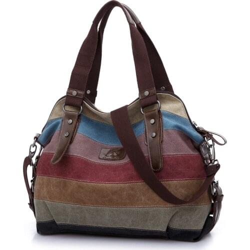 Fashion Designer Women Handbag Panelled Canvas Lady Tote Large Capacity Shoulder Bag Rainbow Stripe Handle Bag Shopping purses