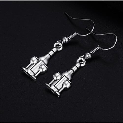 Trendy Vintage Wine Bottle Antique Silver Plated Punk Hiphop Rock Style Retro Drop Earrings for Women Girl & Man Party Jewelry