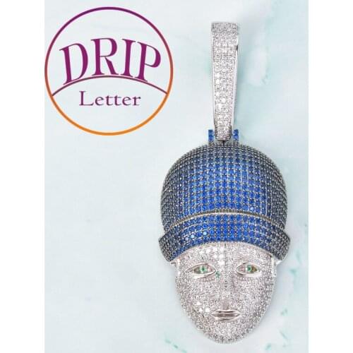 No Chain Face Head Blue Cubic Zircon Character Pendant Necklace Charm Mens Hip Hop Rock Jewelry