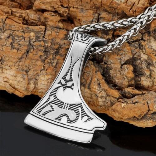 Norse Viking Scandinavian Axe Hatchet Pendant Necklace Mens Thor Hammer Mjolnir Stainless Steel Vintage Punk Jewelry wholesale