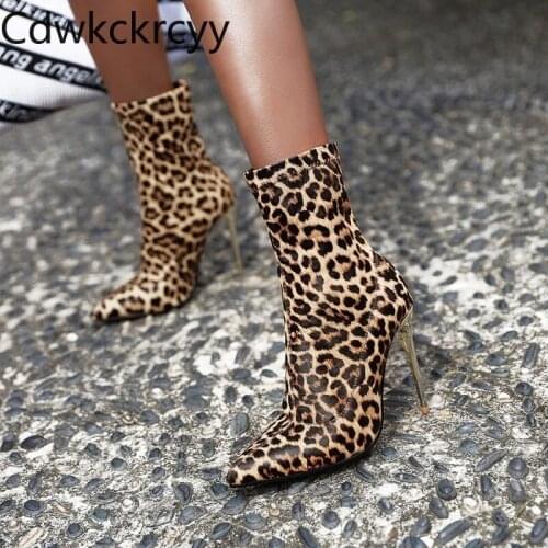 Winter The New fashion Pointed Fine heel 10CM Knight boots Leopard Sexy Plus velvet Keep warm High heel Women boots size 34-48