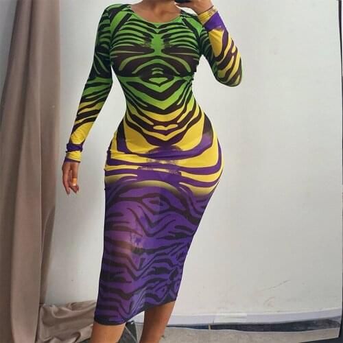 Autumn Mesh See Through Bodycon harajuku Print Midi Dresses Women Party Club Fall 2021 Long Sleeve O Neck Skinny Dress vestidos