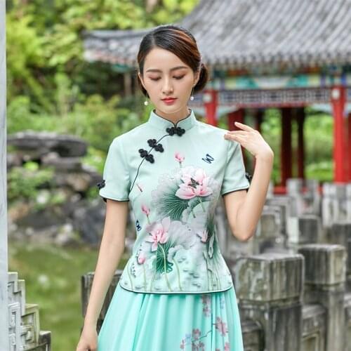 Sheng Coco Green Flowers Tops Shirts Chinese Cheongsam Blouse Lotus Print Mujer Chinese Clothes Short Sleeve Shirt Plus Size 4XL