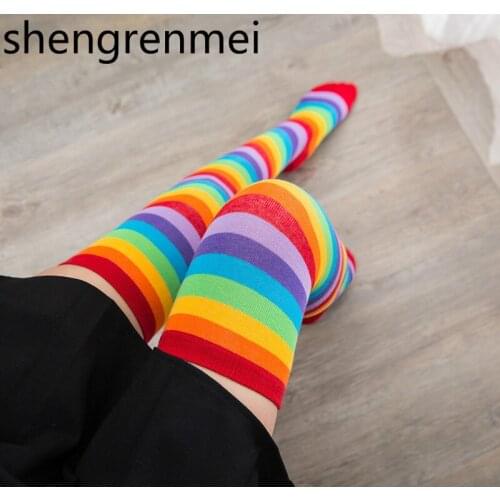 Shengrenmei 2019 High Quality Cute Cotton Thigh High Rainbow Striped Long Stockings Knitted Ball Party Costume Knee Stockings