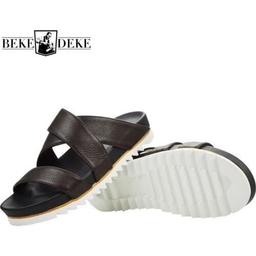 Top Quality Men Platform Real Leather Slippers Summer Beach Flip Flops Sandalias Height Increasing Hollow Indoor Outdoor Sandals