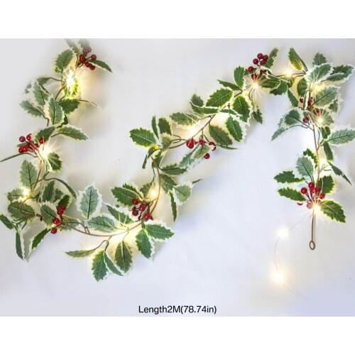 Red Berry Garland Wreath USB Double Leaf String Lights Plastic Vine Leaves Decorative Christmas Home Decoration