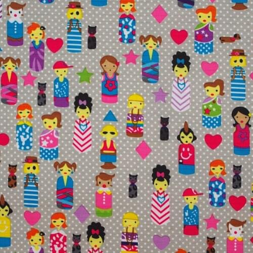 1 yard Polyester/PVC coated Waterproof Fabric for bag,- Lovely girl, heart and dots on grey background (width=140cm)