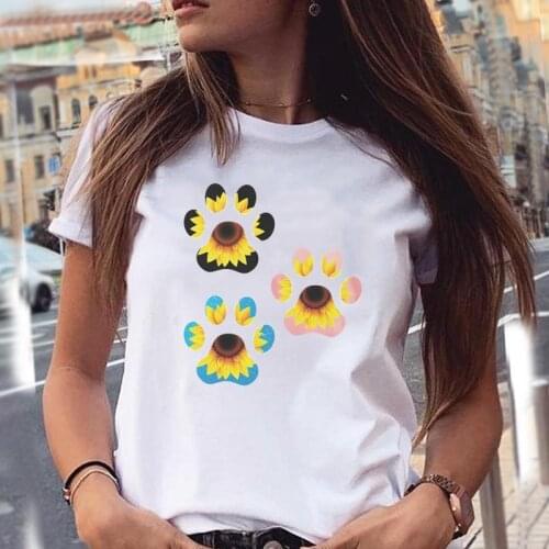 Women T-shirts Floral Flower Beach Dog Paw Cartoon Animal Pet Summer Graphic Print Female Stylish T Top Shirt Girl Tee T-Shirt